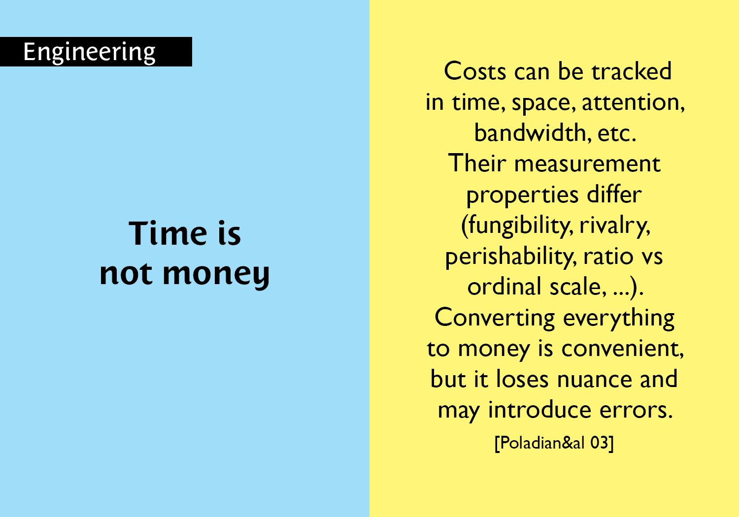 Time is  not money -  Costs can be tracked in time, space, attention, bandwidth, etc.   Their measurement properties differ  (fungibility, rivalry,  perishability, ratio vs ordinal scale, ...). Converting everything to money is convenient, but it loses nuance and may introduce errors.  [Poladian&al 03] key =#24