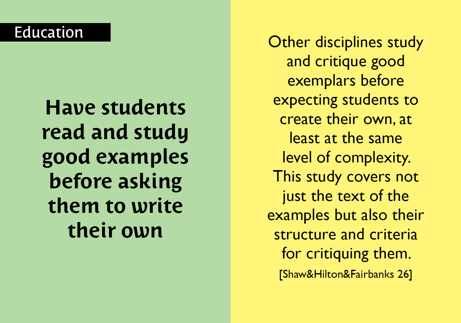 Help students read and study good examples before asking them to write their own - Students in other fields study and critique good exemplars before creating their own. They study not just the exemplars’ appearance but also their structure, their meaning, and  critiquing techniques. Programmers must likewise read and evaluate code written by others, including AI. [Shaw&Hilton&Fairbanks 26] key =#69